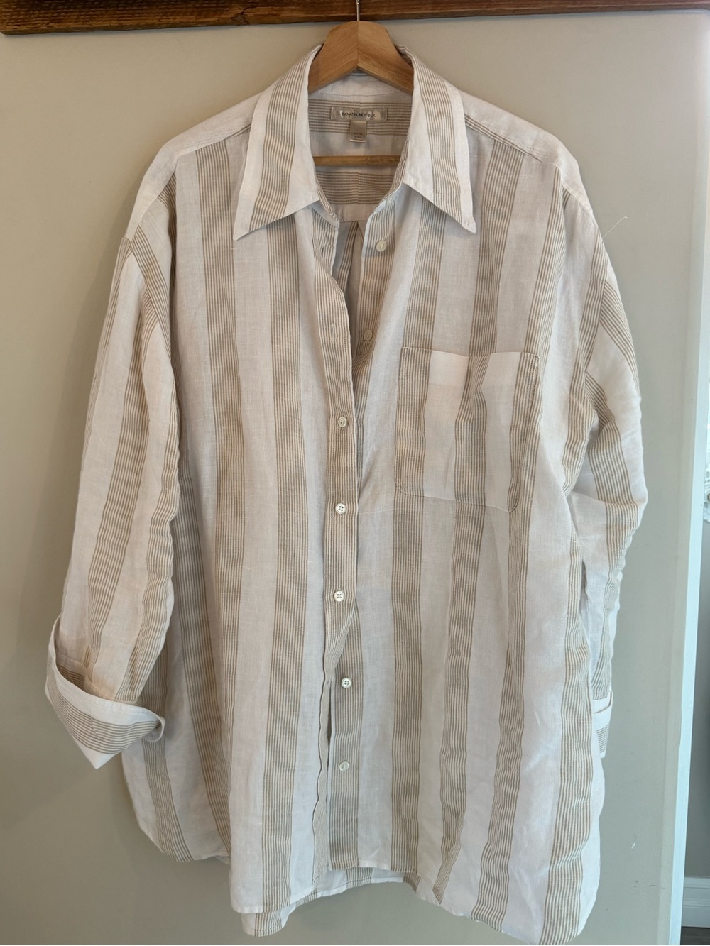 Banana Republic Beige and White Striped Button-Down Shirt